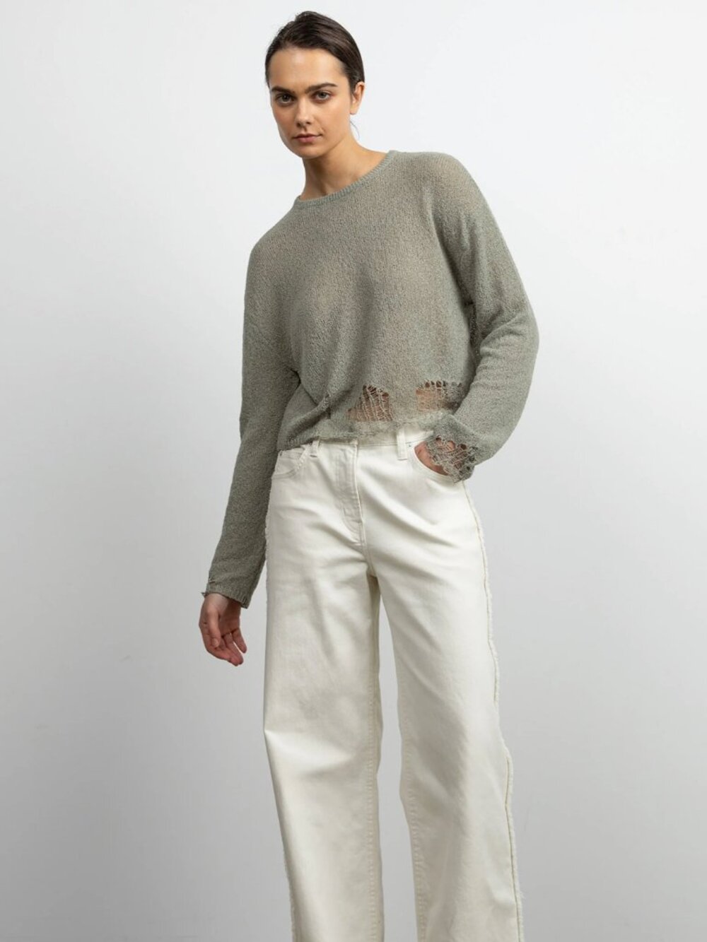 OAK + FORT OVERSIZED DISTRESSED SWEATER IN KHAKI SIZE SMALL